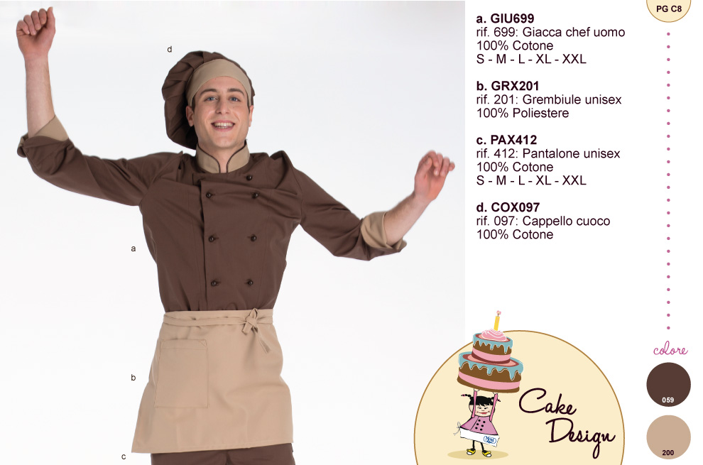 Lava spesso il tuo abbigliamento per cake design, sarai sempre impeccabile e susciterai l'invidia dei tuoi concorrenti. Giacca pantalone e cappello in tinta unita con grembiule in contrato colore.