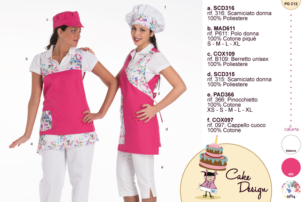 La divisa per le tue aiutanti pasticcere o decoratrici di torte Scamiciati, polo, cappelli e pinocchietti, colorati allegri e made in Italy.